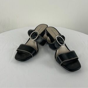 Vintage Dana Buchman Black Leather Heeled Mules with Silver Buckles